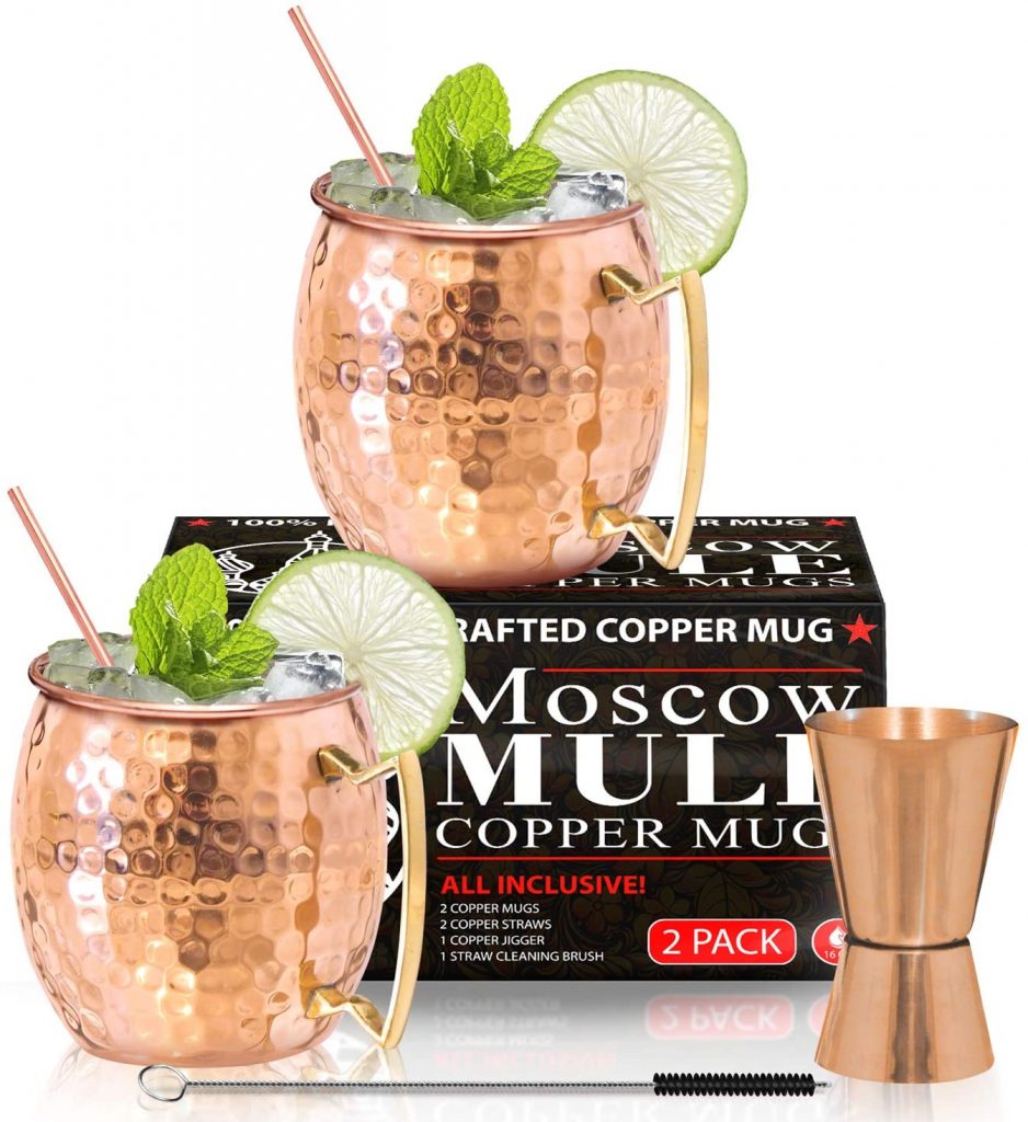 Moscow Mule Set Includes 2 Copper Mugs, 2 Copper Straws, 1 Copper Jigger & 1 Straw Cleaning